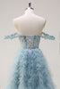 Load image into Gallery viewer, Dusty Blue Princess Off the Shoulder Sheer Corset Long Prom Dress with Ruffles