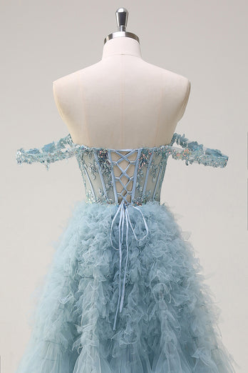 Dusty Blue Princess Off the Shoulder Sheer Corset Long Prom Dress with Ruffles