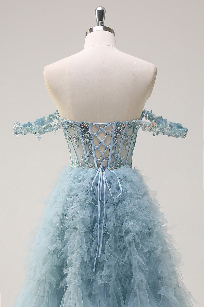 Load image into Gallery viewer, Dusty Blue Princess Off the Shoulder Sheer Corset Long Prom Dress with Ruffles