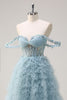 Load image into Gallery viewer, Dusty Blue Princess Off the Shoulder Sheer Corset Long Prom Dress with Ruffles