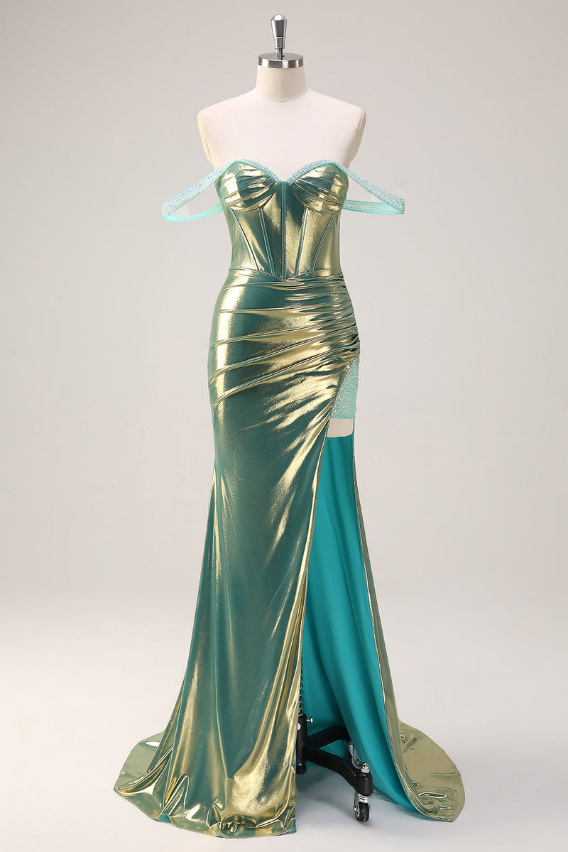 Load image into Gallery viewer, Green Off the Shoulder Mermaid Metallic Long Corset Prom Dress with Slit