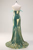 Load image into Gallery viewer, Green Off the Shoulder Mermaid Metallic Long Corset Prom Dress with Slit