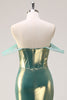 Load image into Gallery viewer, Green Off the Shoulder Mermaid Metallic Long Corset Prom Dress with Slit