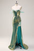 Load image into Gallery viewer, Green Off the Shoulder Mermaid Metallic Long Corset Prom Dress with Slit