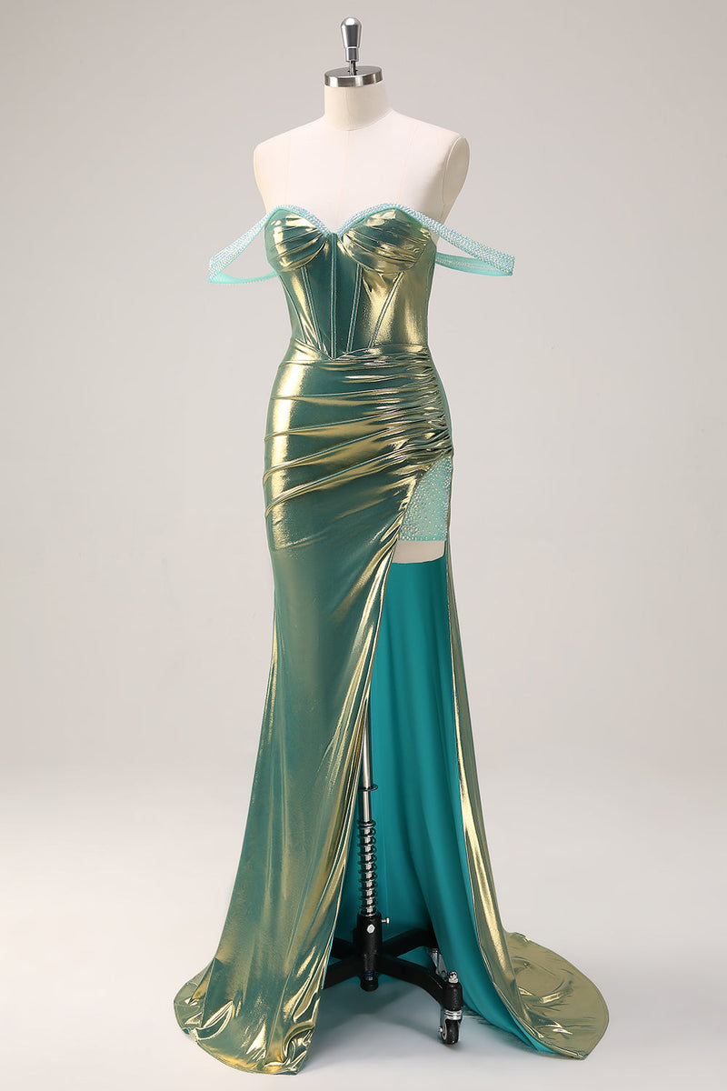 Load image into Gallery viewer, Green Off the Shoulder Mermaid Metallic Long Corset Prom Dress with Slit