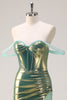 Load image into Gallery viewer, Green Off the Shoulder Mermaid Metallic Long Corset Prom Dress with Slit