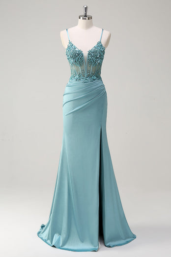 Sparkly Blue Mermaid Corset Prom Dress with Slit