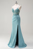 Load image into Gallery viewer, Sparkly Blue Mermaid Corset Prom Dress with Slit