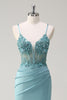 Load image into Gallery viewer, Sparkly Blue Mermaid Corset Prom Dress with Slit