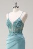 Load image into Gallery viewer, Sparkly Blue Mermaid Corset Prom Dress with Slit