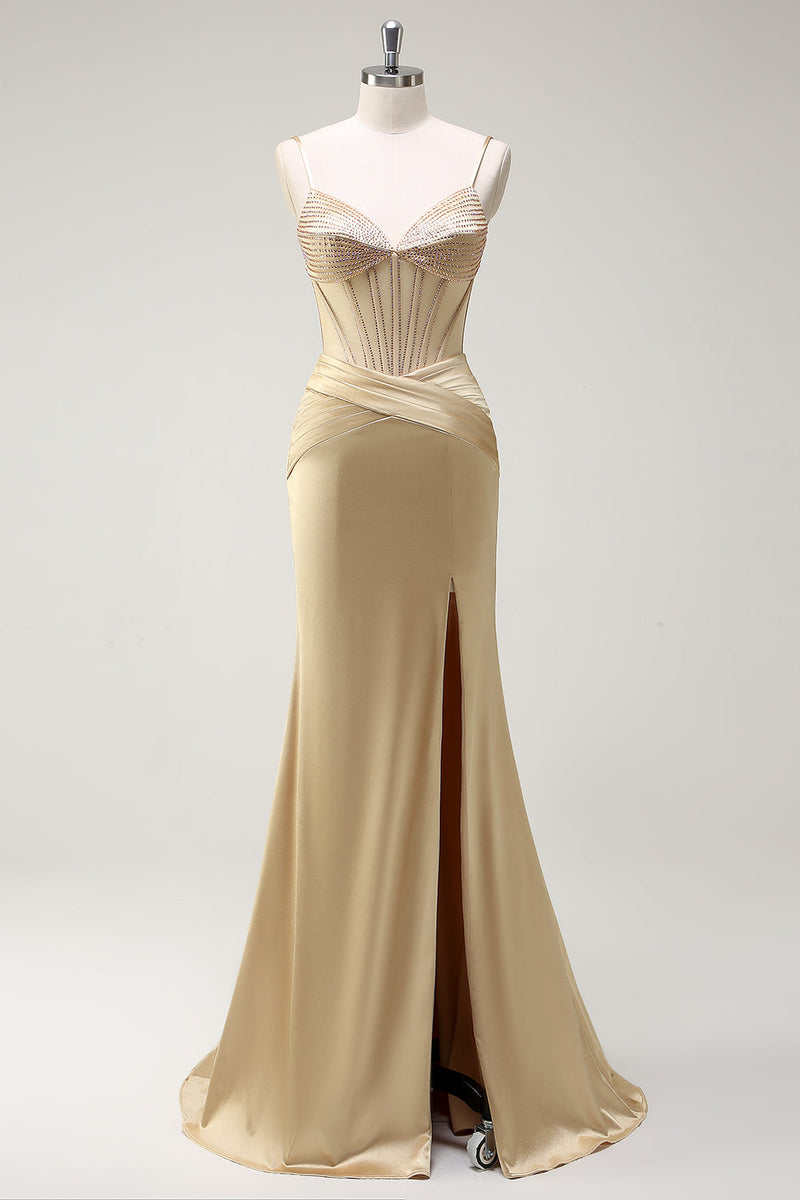 Load image into Gallery viewer, Mermaid Spaghetti Straps Golden Corset Long Prom Dress with Slit