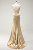 Load image into Gallery viewer, Mermaid Spaghetti Straps Golden Corset Long Prom Dress with Slit