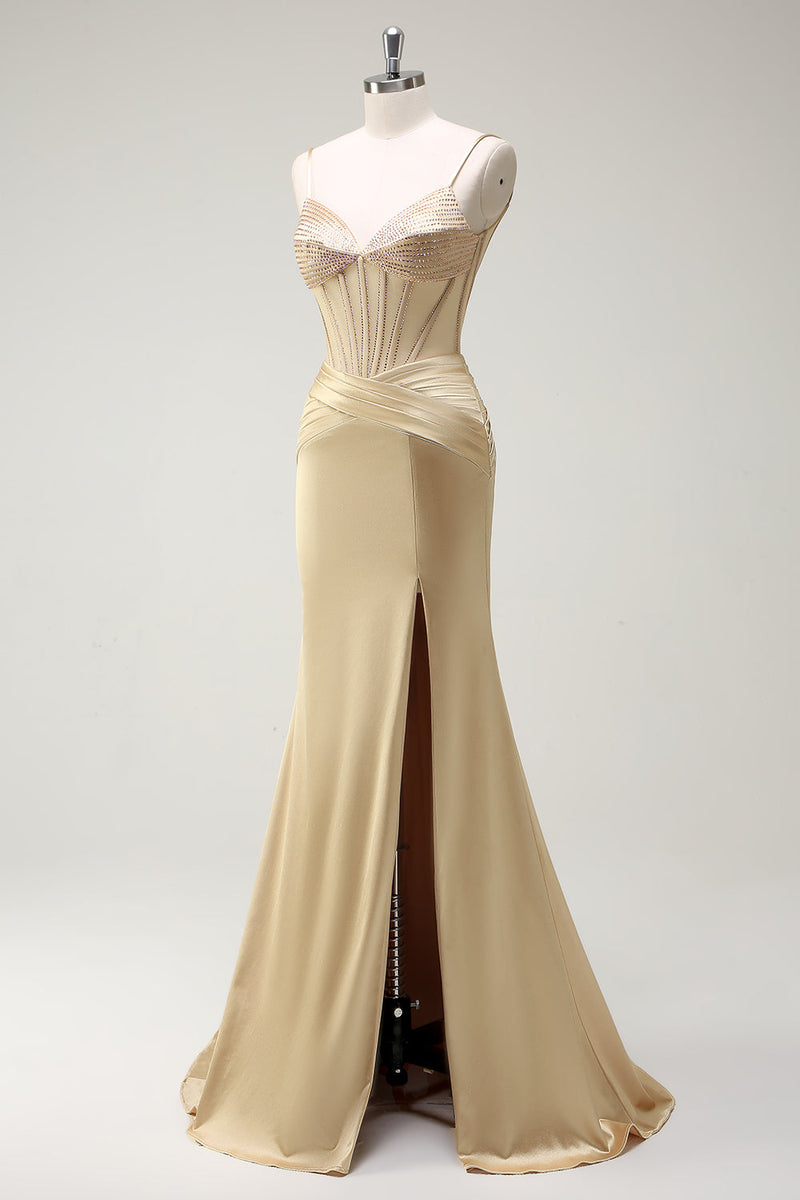 Load image into Gallery viewer, Mermaid Spaghetti Straps Golden Corset Long Prom Dress with Slit