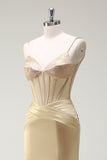Mermaid Spaghetti Straps Golden Corset Long Prom Dress with Slit