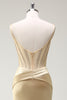 Load image into Gallery viewer, Mermaid Spaghetti Straps Golden Corset Long Prom Dress with Slit