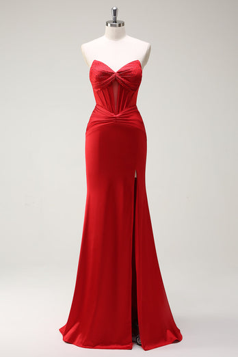 Mermaid Sweetheart Red Corset Long Prom Dress with Slit