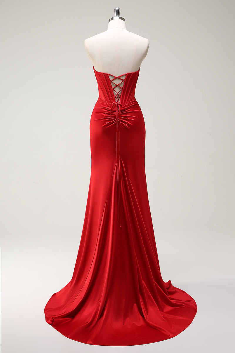 Load image into Gallery viewer, Mermaid Sweetheart Red Corset Long Prom Dress with Slit