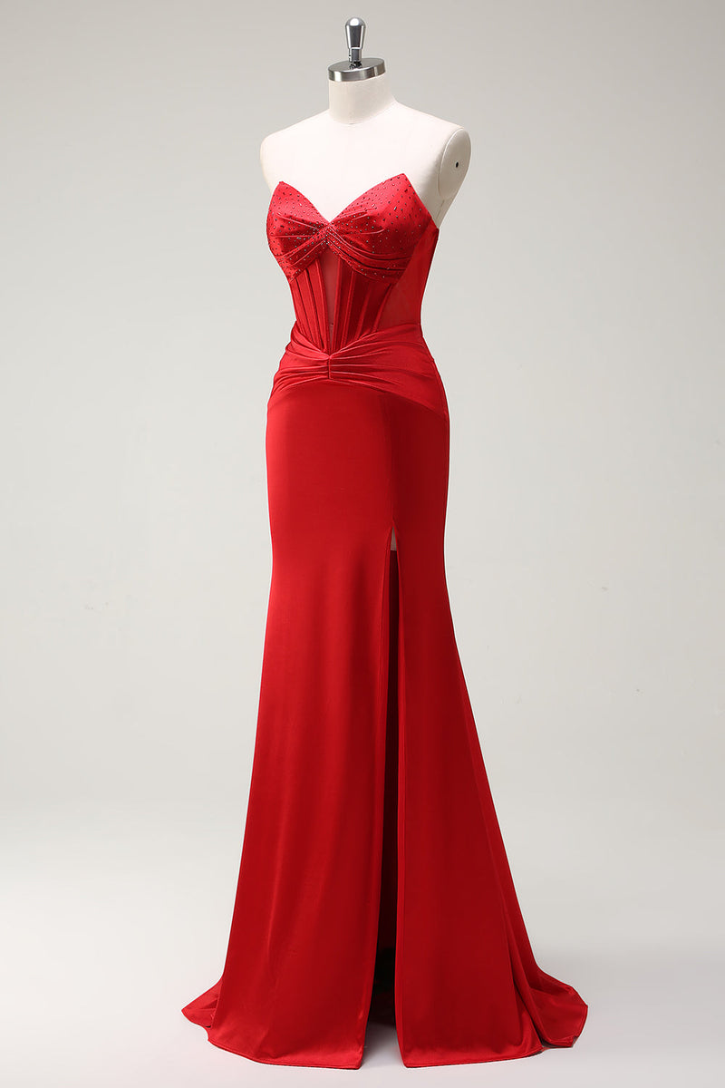 Load image into Gallery viewer, Mermaid Sweetheart Red Corset Long Prom Dress with Slit