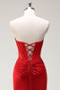 Load image into Gallery viewer, Mermaid Sweetheart Red Corset Long Prom Dress with Slit