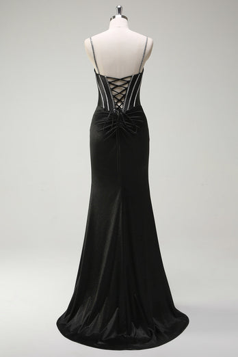 Black Mermaid Spaghetti Straps Corset Long Prom Dress With Slit