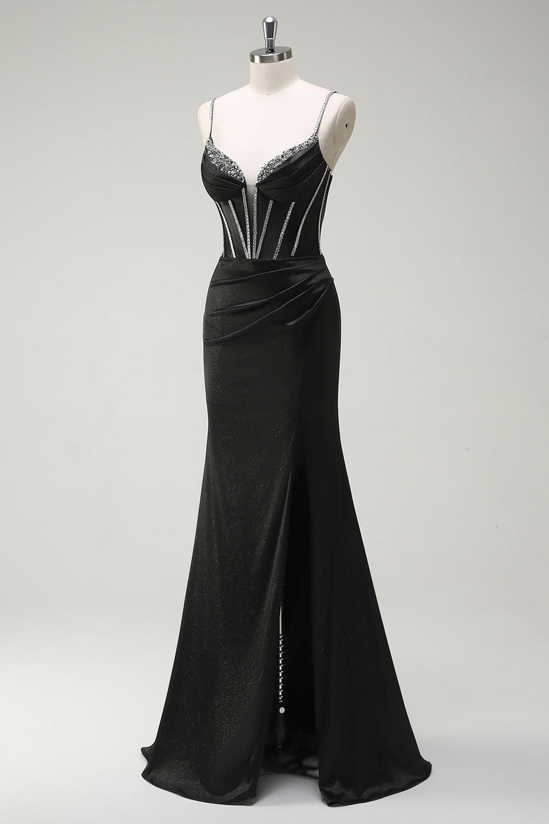 Load image into Gallery viewer, Black Mermaid Spaghetti Straps Corset Long Prom Dress With Slit