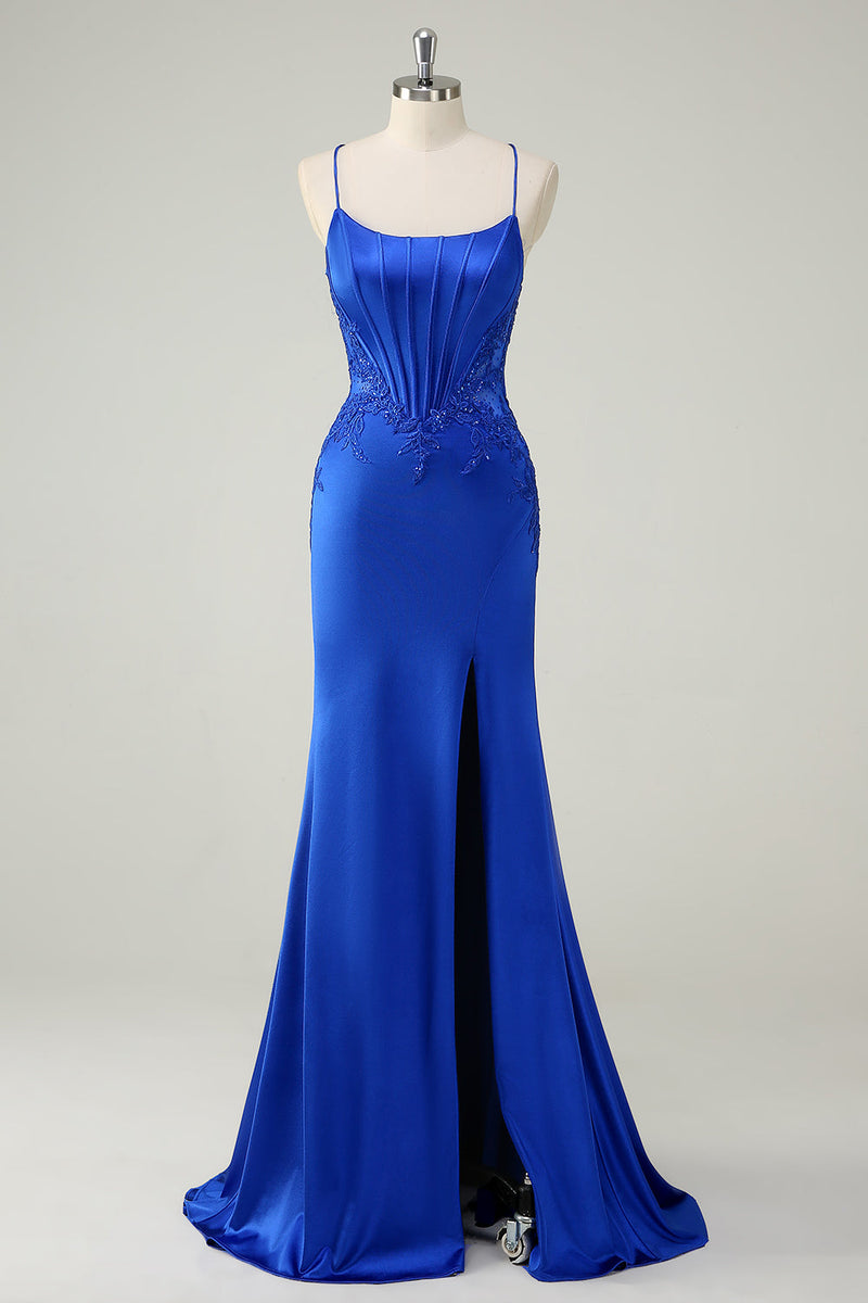 Load image into Gallery viewer, Royal Blue Mermaid Corset Spaghetti Straps Appliqued Long Prom Dress