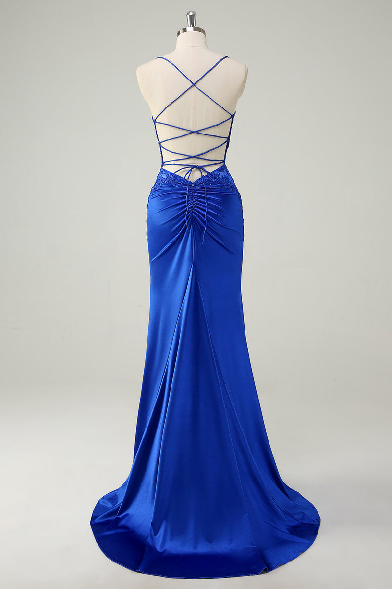 Load image into Gallery viewer, Royal Blue Mermaid Corset Spaghetti Straps Appliqued Long Prom Dress