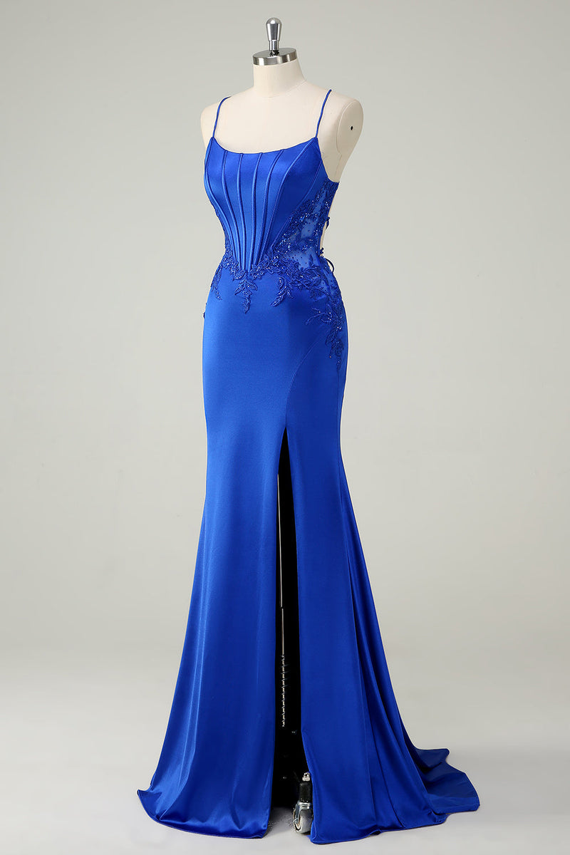 Load image into Gallery viewer, Royal Blue Mermaid Corset Spaghetti Straps Appliqued Long Prom Dress