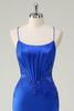 Load image into Gallery viewer, Royal Blue Mermaid Corset Spaghetti Straps Appliqued Long Prom Dress