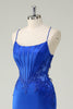 Load image into Gallery viewer, Royal Blue Mermaid Corset Spaghetti Straps Appliqued Long Prom Dress