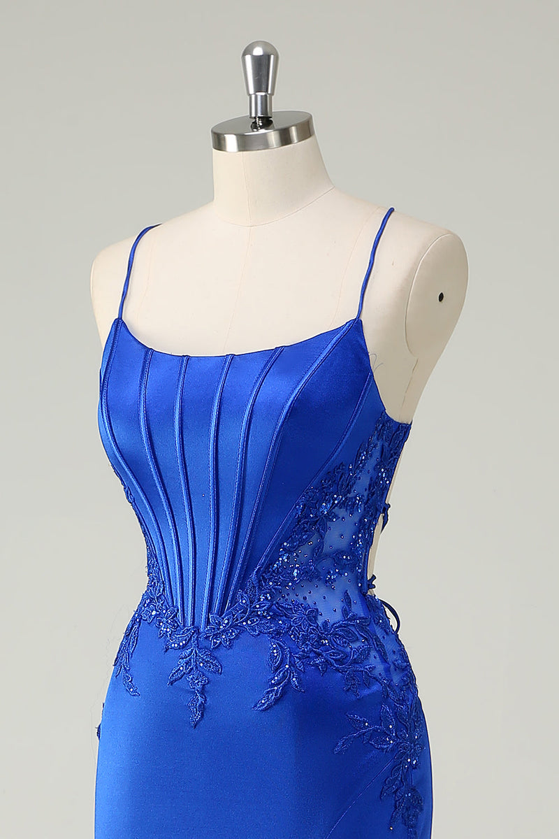 Load image into Gallery viewer, Royal Blue Mermaid Corset Spaghetti Straps Appliqued Long Prom Dress