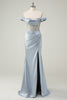 Load image into Gallery viewer, Dusty Blue Mermaid Corset Off The Shoulder Long Prom Dress With Slit