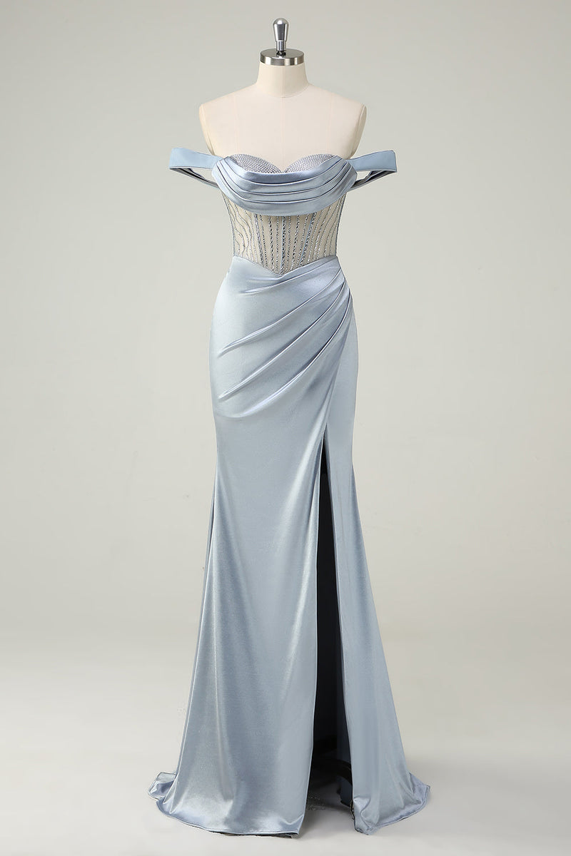 Load image into Gallery viewer, Dusty Blue Mermaid Corset Off The Shoulder Long Prom Dress With Slit