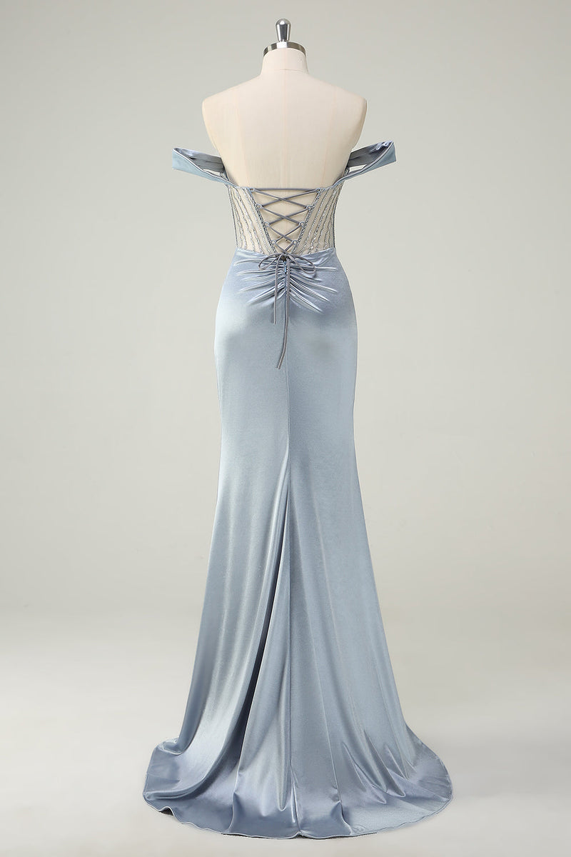 Load image into Gallery viewer, Dusty Blue Mermaid Corset Off The Shoulder Long Prom Dress With Slit