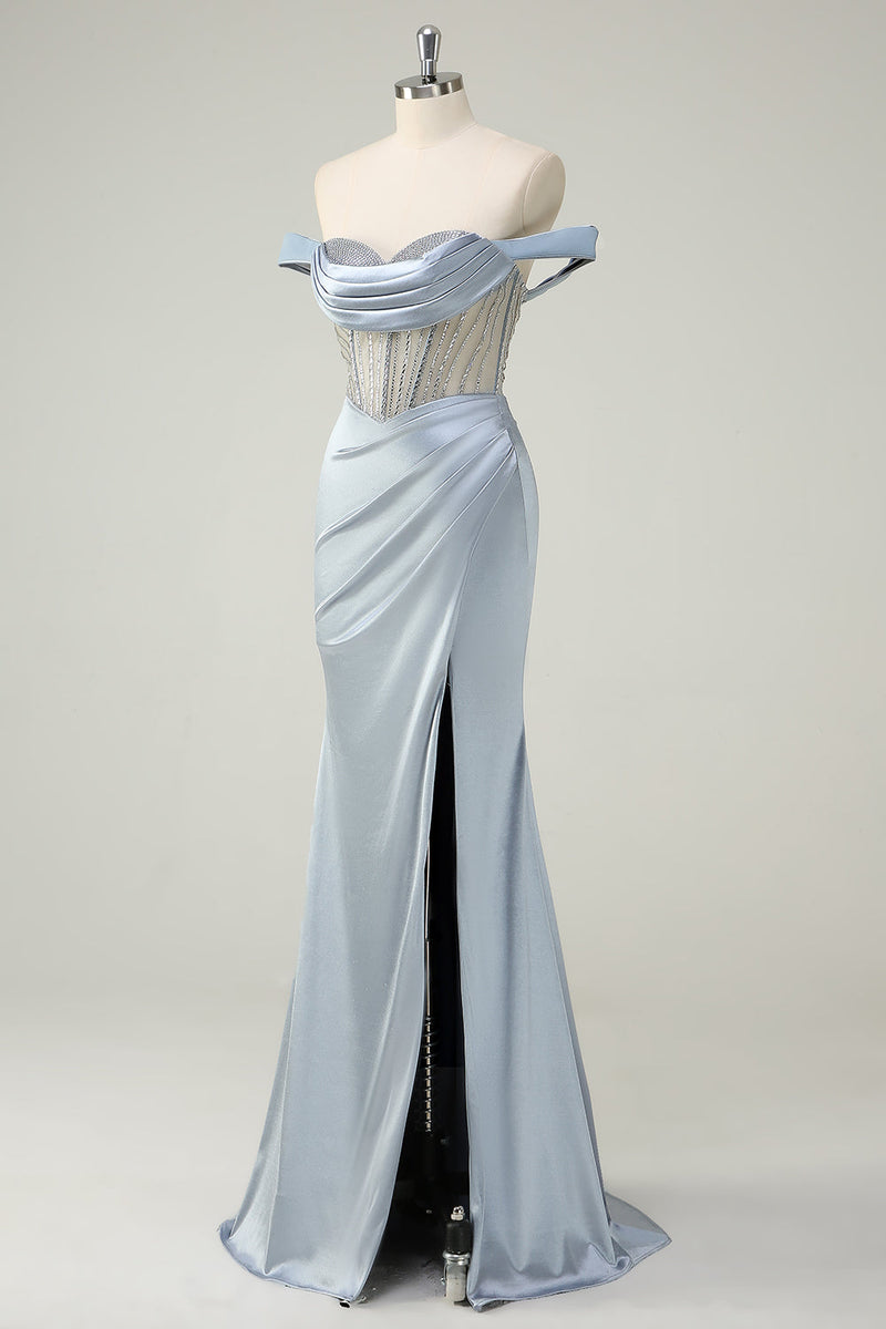 Load image into Gallery viewer, Dusty Blue Mermaid Corset Off The Shoulder Long Prom Dress With Slit