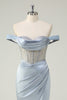 Load image into Gallery viewer, Dusty Blue Mermaid Corset Off The Shoulder Long Prom Dress With Slit