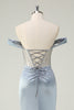 Load image into Gallery viewer, Dusty Blue Mermaid Corset Off The Shoulder Long Prom Dress With Slit