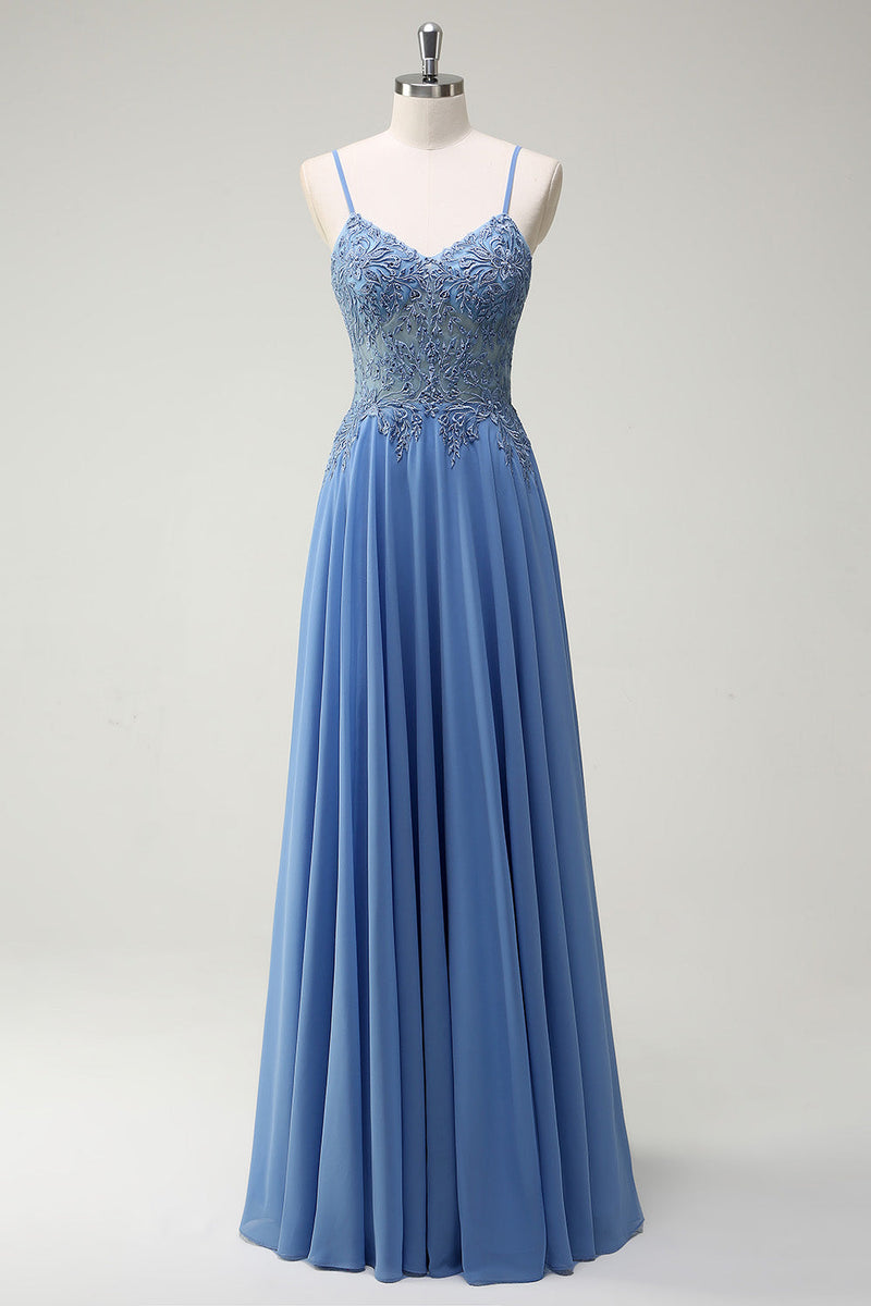 Load image into Gallery viewer, A Line Spaghetti Straps Pleated Long Prom Dress with Appliques