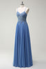 Load image into Gallery viewer, A Line Spaghetti Straps Pleated Long Prom Dress with Appliques