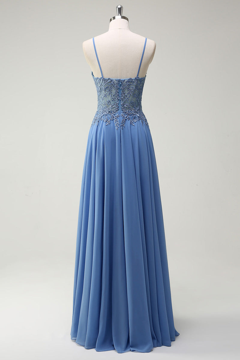 Load image into Gallery viewer, A Line Spaghetti Straps Pleated Long Prom Dress with Appliques