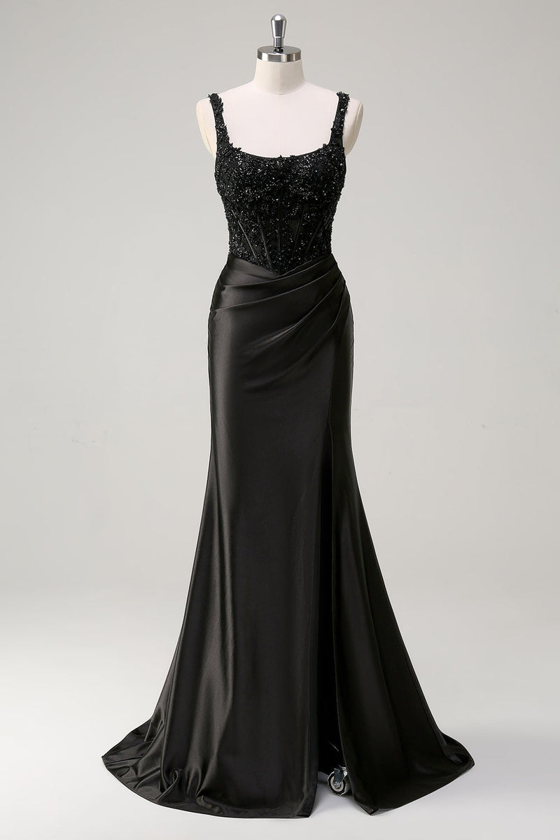 Load image into Gallery viewer, Black Sheath Spaghetti Straps Corset Beaded Long Prom Dress with Slit