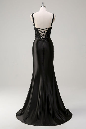 Black Sheath Spaghetti Straps Corset Beaded Long Prom Dress with Slit