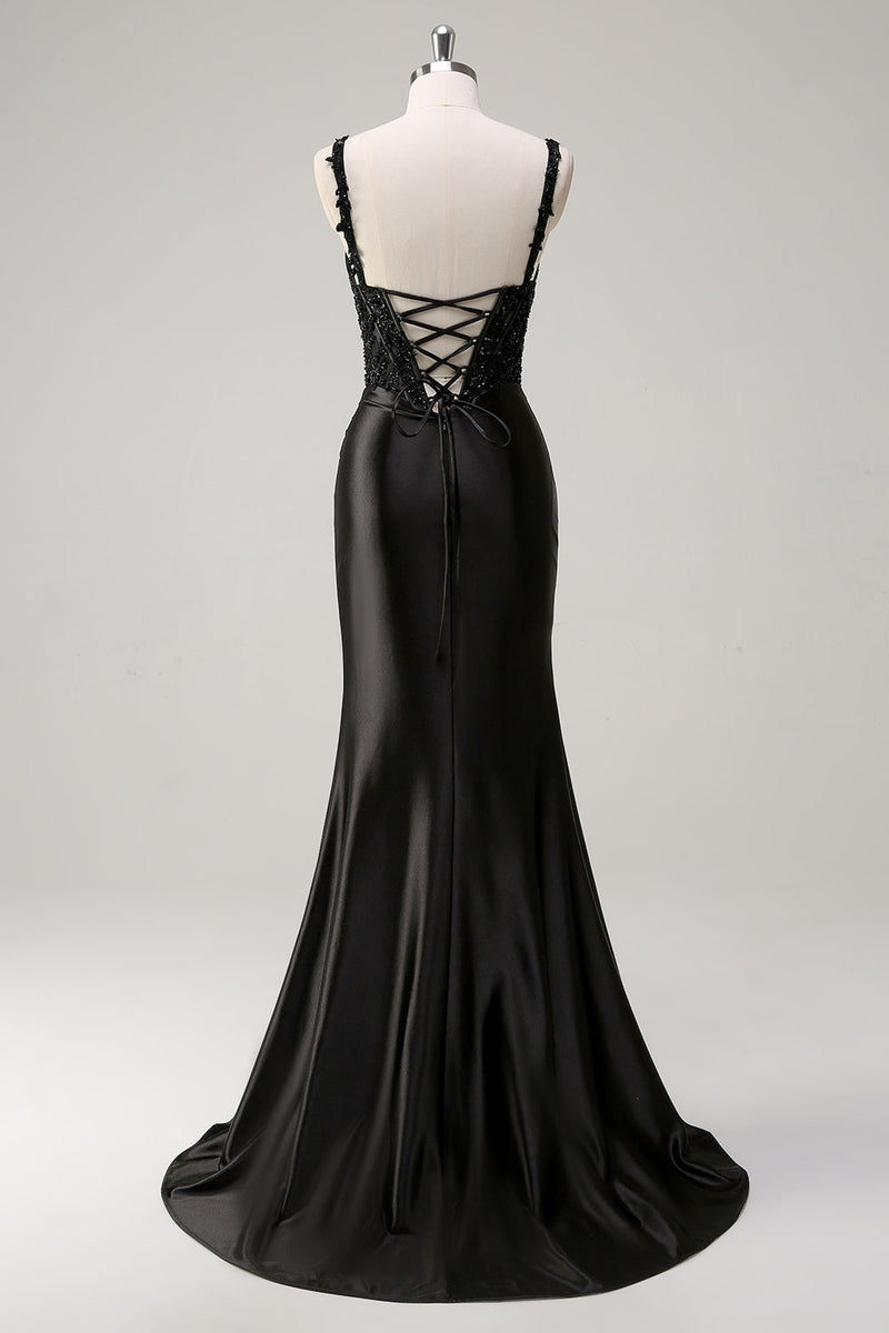 Load image into Gallery viewer, Black Sheath Spaghetti Straps Corset Beaded Long Prom Dress with Slit