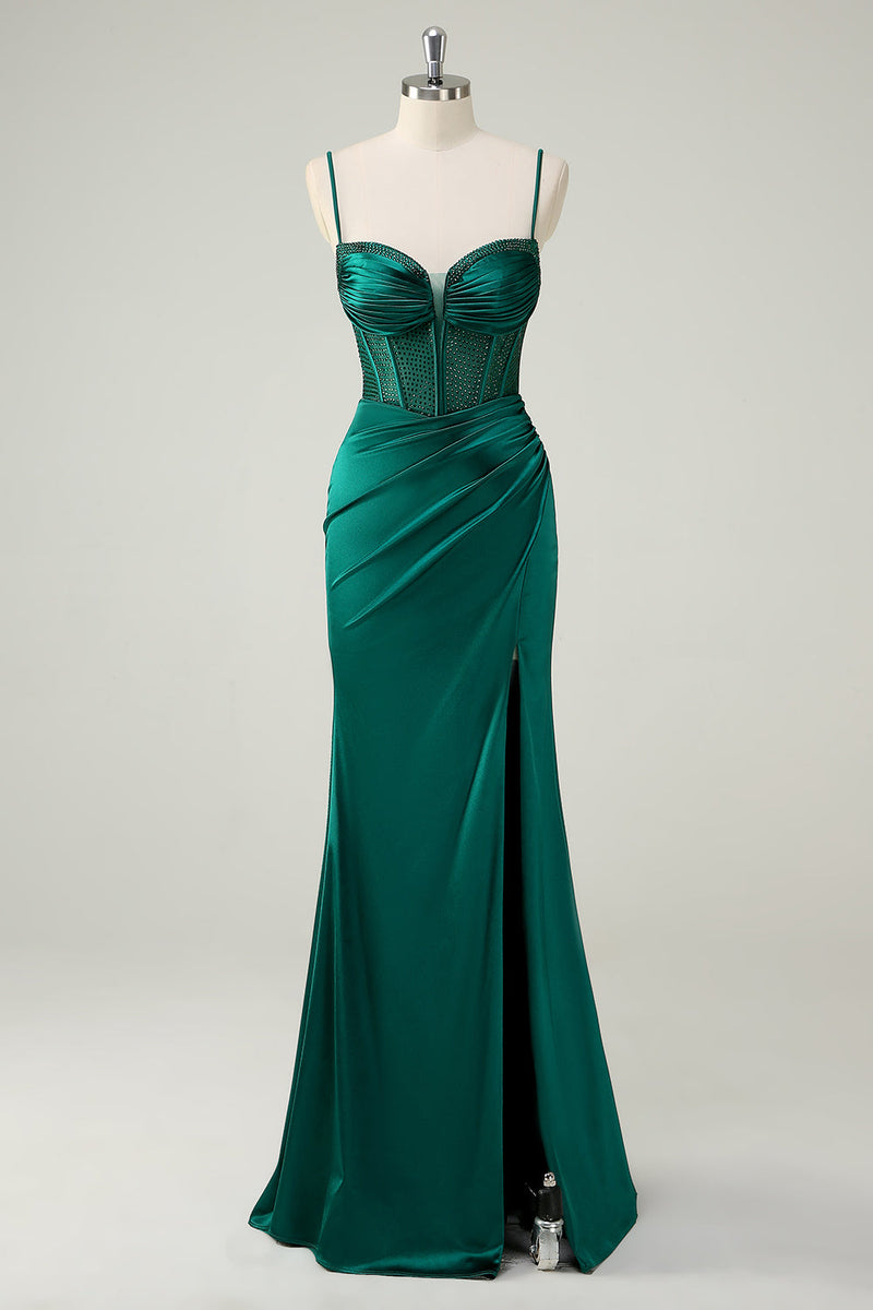 Load image into Gallery viewer, Dark Green Mermaid Spaghetti Straps Corset Long Prom Dress With Slit