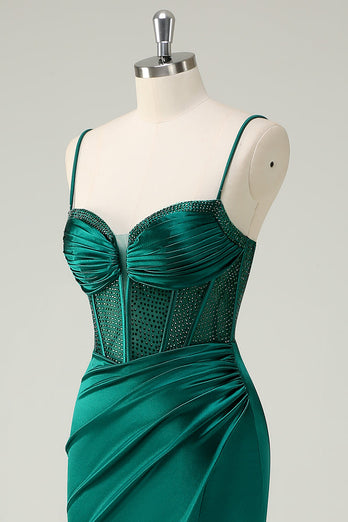 Dark Green Mermaid Spaghetti Straps Corset Long Prom Dress With Slit