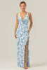 Load image into Gallery viewer, Blue Flower Sheath Deep V Neck Backless Long Bridesmaid Dress with Ruffle Slit