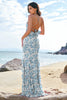 Load image into Gallery viewer, Blue Flower Mermaid Halter Chiffon Backless Long Bridesmaid Dress with Ruffles