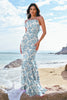 Load image into Gallery viewer, Blue Flower Mermaid Halter Chiffon Backless Long Bridesmaid Dress with Ruffles