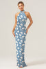 Load image into Gallery viewer, Blue White Flower Halter Sheath Print Long Bridesmaid Dress with Slit