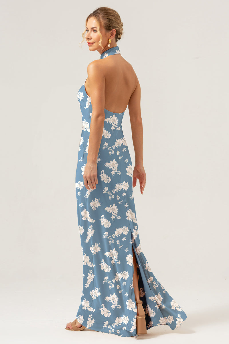 Load image into Gallery viewer, Blue White Flower Halter Sheath Print Long Bridesmaid Dress with Slit